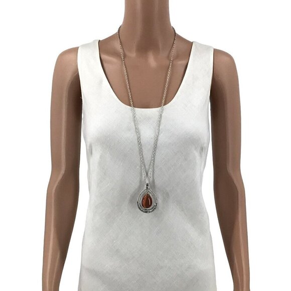 Paparazzi Glow and Tell Necklace Silver Tone Rhinestone Orange Cats Eye - Picture 2 of 2